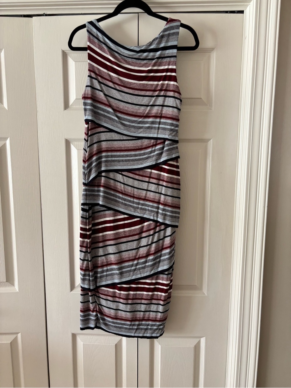 Bailey 44 Striped Layered Midi Dress in Gray, Burgundy and Black